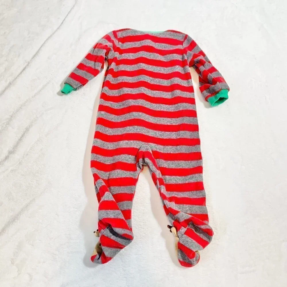 5/$25 Carter's Baby Reindeer Fleece Footed Pajamas‎ Sleeper Red Grey Stripe 6M